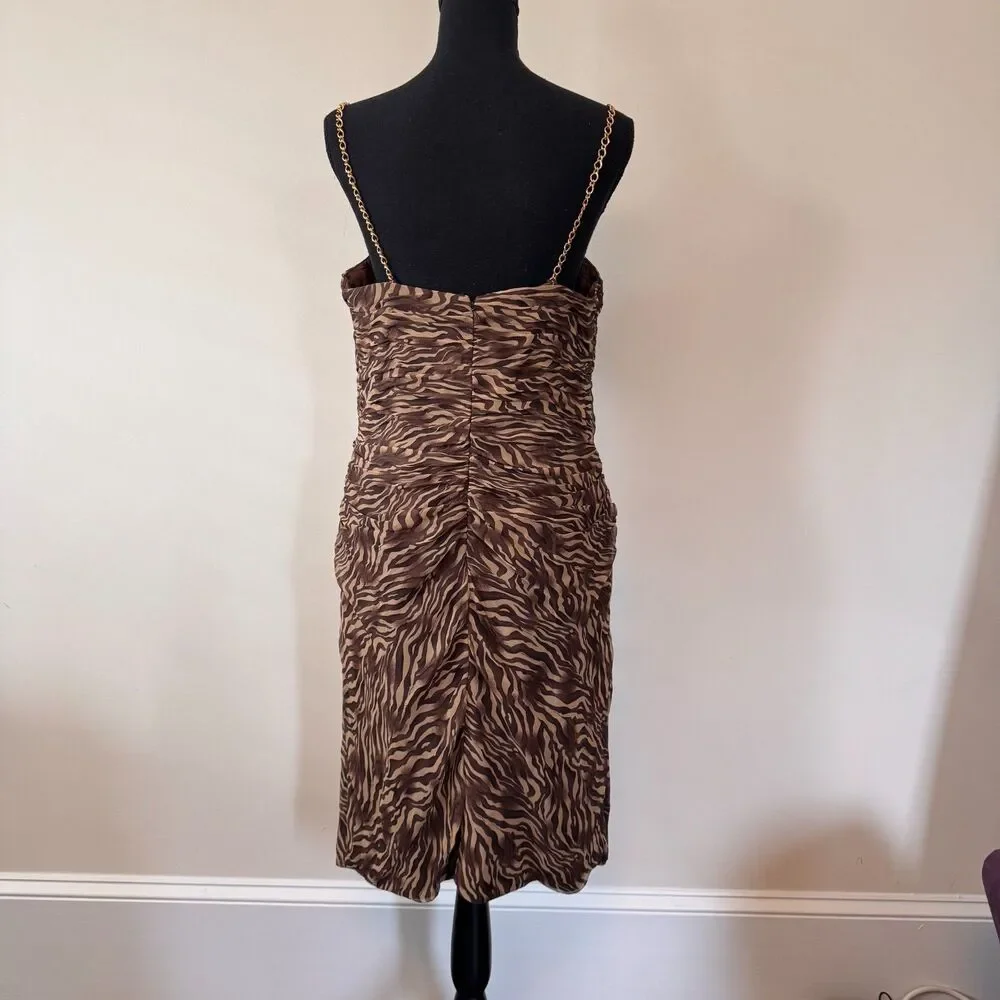 Niteline Brown & Tan Zebra Print Ruched Midi Dress Gold Chain Straps Size 12